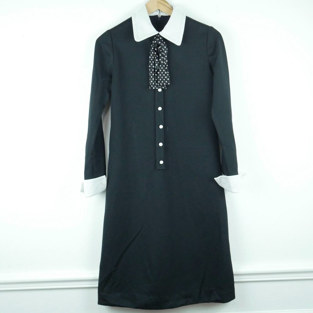 Vintage XS S Dress Wednesday Black Shift Academia 60s Retro Schoolgirl Twee